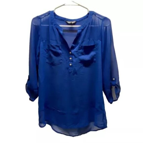 Express Ladies Blouse Small Royal Blue Semi Sheer 3/4 Roll Tab Sleeves V-Neck - Picture 1 of 7